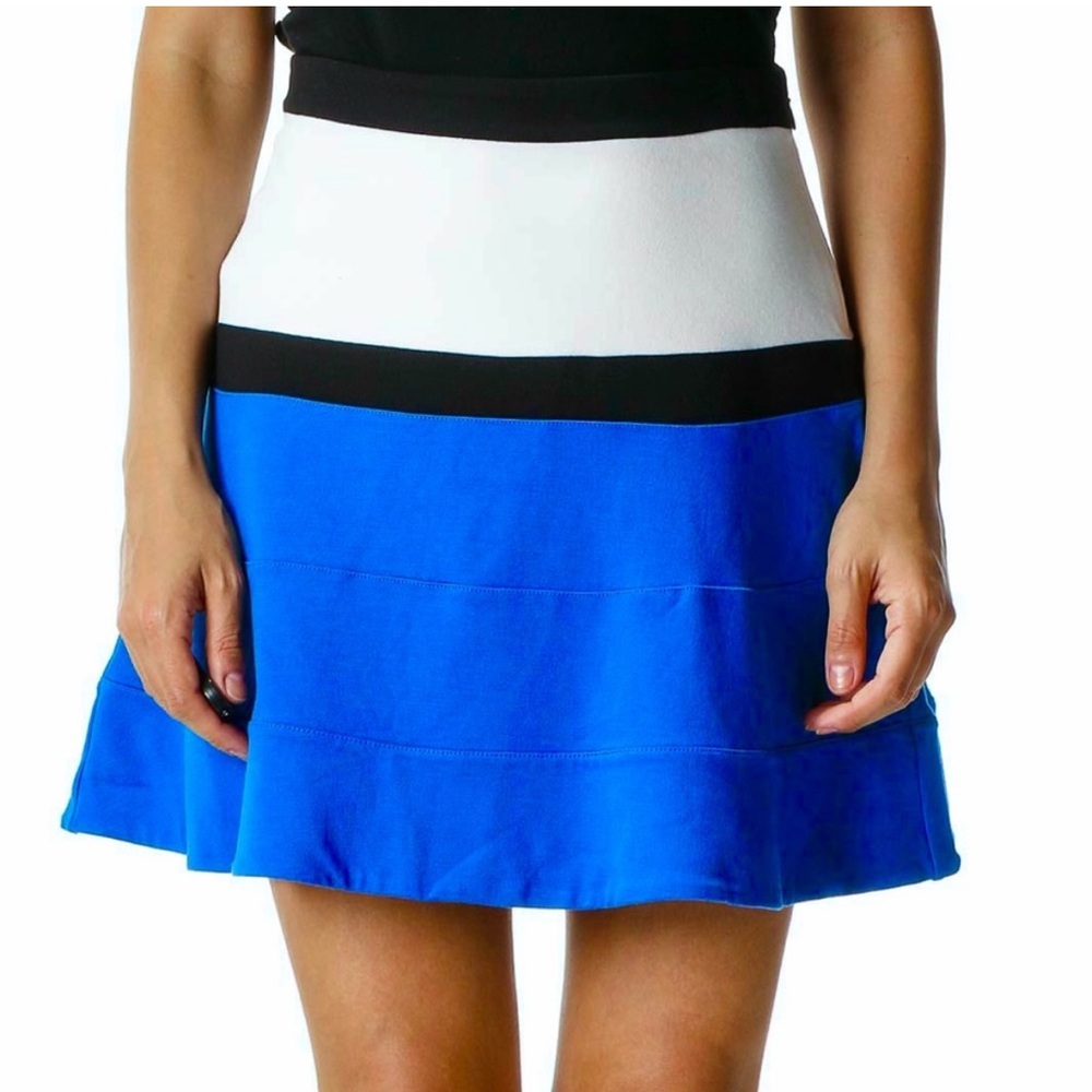 Express Color Block Skater Skirt in Black, White, and Blue